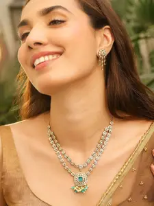 Rubans 22K Gold-Plated Aqua Blue & Cubic Zirconia Dual-Layer Necklace Set with Pearl Drops