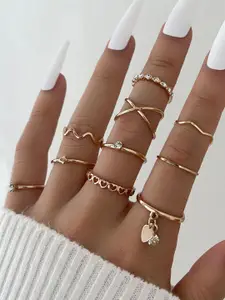 Shining Diva Fashion Set Of 10 Gold-Plated Crystals Studded Hypoallergenic Finger Rings
