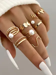 Shining Diva Fashion Set Of 8 Gold-Plated Pearls Beaded Hypoallergenic Finger Rings