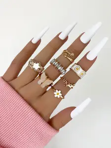 Shining Diva Fashion Set Of 7 Gold-Plated Crystal Studded Hypoallergenic Finger Rings