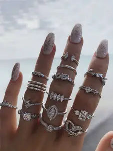 Shining Diva Fashion Set Of 15 Silver-Plated Crystal studded Ring