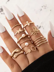 Shining Diva Fashion Set Of 9 Gold-Plated Pearls Beaded Finger Rings
