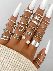 Shining Diva Fashion Set Of 22 Silver-Plated Pearls Beaded Hypoallergenic Finger Rings