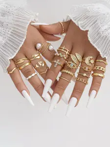 Shining Diva Fashion Set Of 22 Gold-Plated Crystals Studded & Pearls Beaded Finger Rings