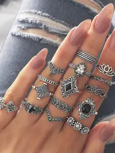 Shining Diva Fashion Set Of 15 Silver-Plated Crystal-Studded Hypoallergenic Finger Rings