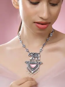Rubans Oxidised Silver-Plated Elephant Motif Necklace with Pink Enamel & Pearls