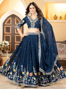 ODETTE Embroidered Thread Work Semi-Stitched Lehenga & Unstitched Blouse With Dupatta