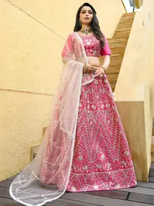 ODETTE Embroidered Mirror Work Semi-Stitched Lehenga & Unstitched Blouse With Dupatta