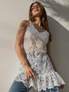 StyleCast Women V-Neck Floral Lace Longline Top