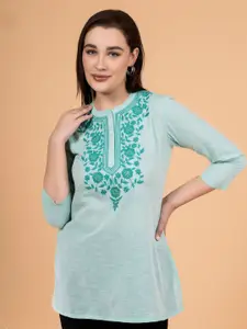 Saffron Threads Floral Yoke Design Thread Work Mandarin Collar Kurtis