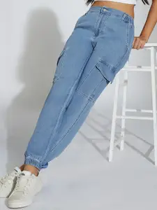 Life With Pockets Women Regular Fit High-Rise Heavy Fade Stretchable Cargo Styles Jeans