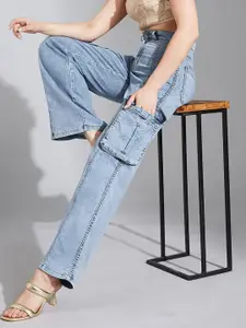 Life With Pockets Chill Glint Women Heavy Fade Cargo Styles Wide Leg Denim Jeans