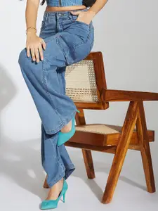 Life With Pockets Women Wide Leg High-Rise Stretchable Cargo Style Denim Jeans