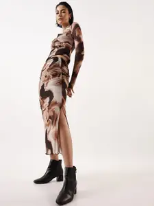 Hubberholme Abstract Printed Side Slit Pencil Midi Skirts