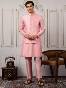 House of Pataudi Ethnic Woven Design Kurta & Trousers With Nehru Jacket