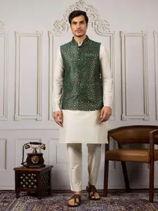 House of Pataudi Men Ethnic Woven Design Kurta & Trousers With Nehru Jacket