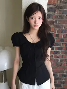 StyleCast Women Scoop Neck Puff Sleeves Top