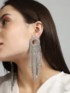 SOHI Silver-Plated Contemporary Artificial Stones Studded Drop Earrings