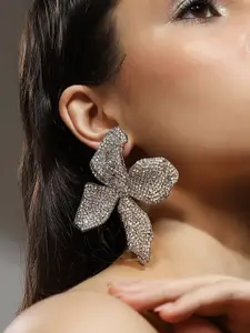 SOHI Silver-Plated Floral Shaped Artificial Stones Studded Drop Earrings