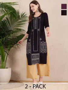 Anouk Rustic Selection Of 2 Ethnic Motifs Printed Round Neck Straight Crepe Kurtas