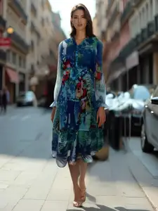 all about you Women Abstract Print V-Neck Cuffed Sleeves Fit And Flare Dress