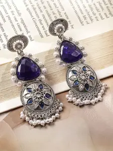 Rubans Silver Plated Stones Studded & Beaded Oxidised Contemporary Drop Earrings