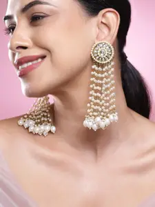 Rubans 18K Gold-Plated Kundan Studded & Multilayer Pearls Beaded Circular Drop Earrings