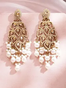 Rubans 18K Gold-Plated Kundan & Pearls Studded Contemporary Drop Earrings