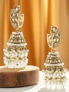 OOMPH Gold Plated Kundan Studded & Beaded Dome Shaped Jhumkas