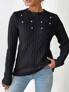 bebe Women Cable Knit Pullover with Embellished Detail