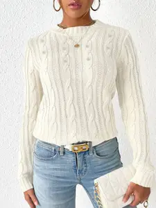 bebe Women Pearl-Embellished Cable Knit Pullover
