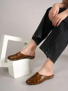 Bella Rosa Women Leather Textured Casual Mules with Laser Cuts Flats