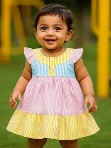 MeeMee Girls Round Neck Striped Striped Fit & Flare Dress