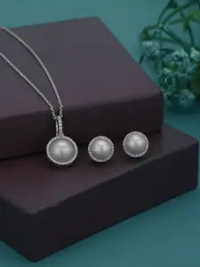 Carlton London Rhodium Plated CZ with Pearl Stud & Necklace Set