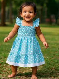 MeeMee Girls Pola Dots Print Square Neck Flutter Sleeves Fit & Flare Dress