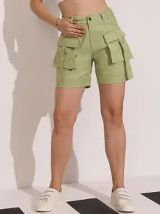 DOLCE CRUDO Women Flared High-Rise Clean-Look Regular-Length Stretchable Denim Shorts