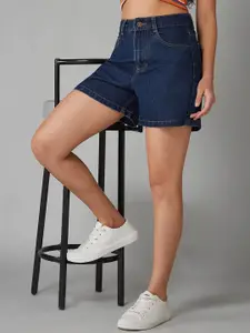 DOLCE CRUDO Women Flared High-Rise Clean-Look Regular-Length Denim Shorts