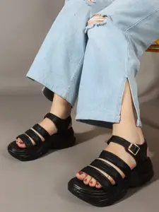 TRYME Women Solid PU Platform Sandals with Buckles