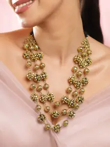 Rubans Oxidised Antique Gold-Plated Triple-Layered Floral Beaded Statement Necklace