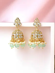 Rubans 18K Gold-Plated White Kundan Jhumka Earrings with Mint Green & Pearl Beads Drops
