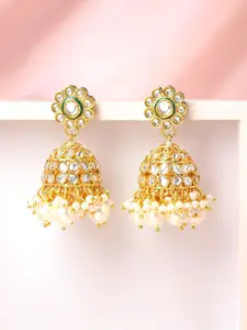 Rubans 18K Gold-Plated White Kundan Studded Jhumka Earrings with Pearl Bead Drops