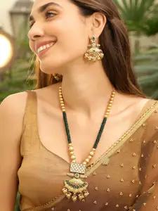 Rubans 22K Gold-Plated Emerald Green Beaded & Kundan Studded Necklace Set with Earrings