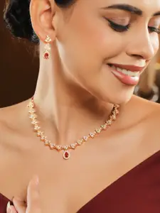 Rubans 22K Gold-Plated Ruby Pink & White Cubic Zirconia Studded Necklace Set With Earrings