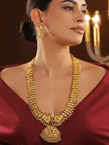 Rubans 22K Gold-Plated Red & Green Stone Studded Temple Necklace with Jhumka Earrings