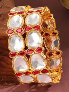 Rubans Set of 2 18K Gold-Plated White Cubic Zirconia & Ruby Red Stone Studded Bangles