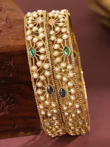 Rubans Set of 2 18K Gold-Plated Mini Pearl & Multi-Coloured Stone Designer Bangles