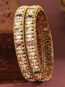 Rubans Set of 2 18K Gold-Plated Mini Pearl Studded & Multi-Coloured Stone Patterned Bangle