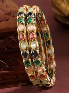 Rubans Set of 2 18K Gold-Plated Multi-Coloured Oval Stone Studded Designer Bangles