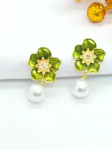 AVANT-GARDE PARIS Gold Plated Artificial Stones Studded & Beaded Floral Drop Earrings