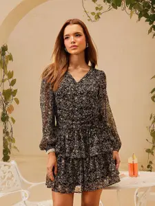 STREET 9 Women Abstract Printed Chiffon A-Line Tiered Mini Dress